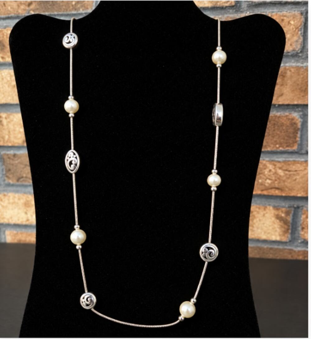 Brighton Contempo Faux Pearl Station Necklace Silver Tone Chain Ornate Beads